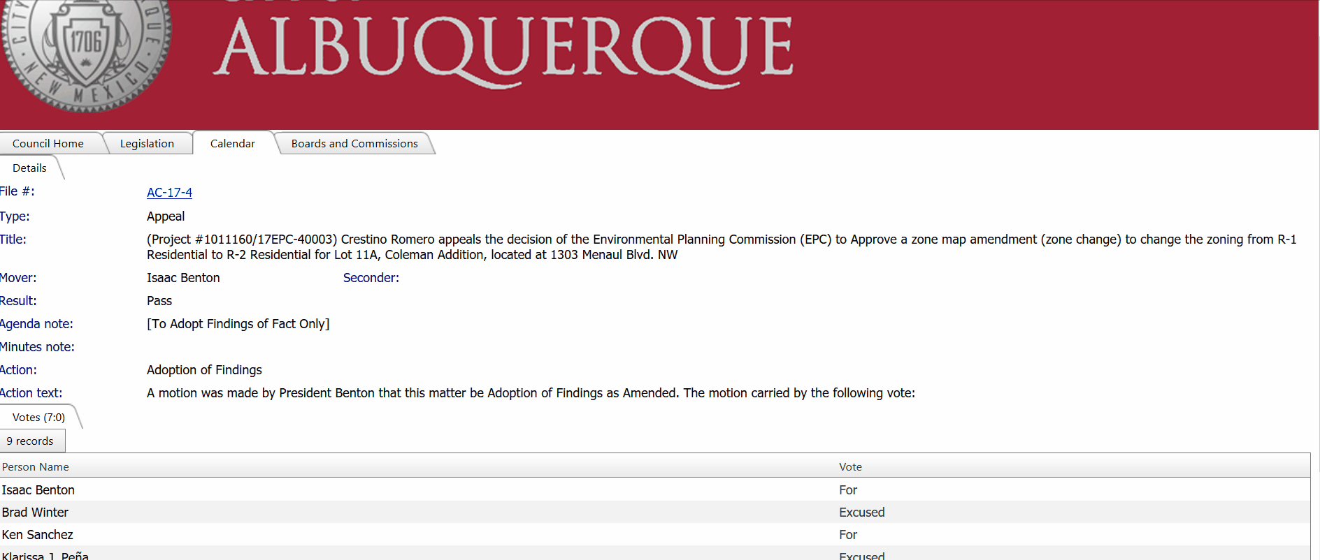 Slow, manual navigation of sample ABQ City Council vote webpage by human